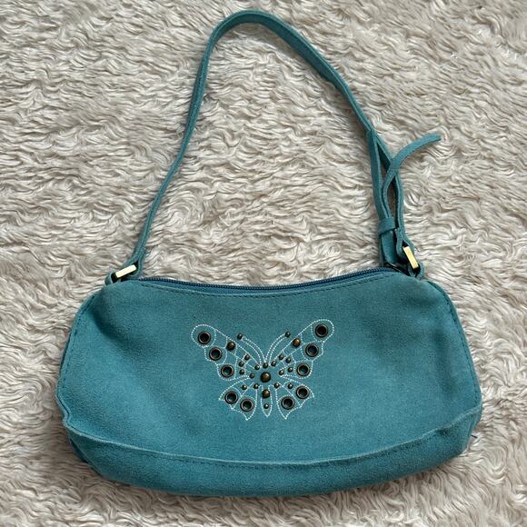 Vintage Y2k Genuine Suede Blue Studded Rivet Butterfly Purse Handbag - Picture 1 of 9